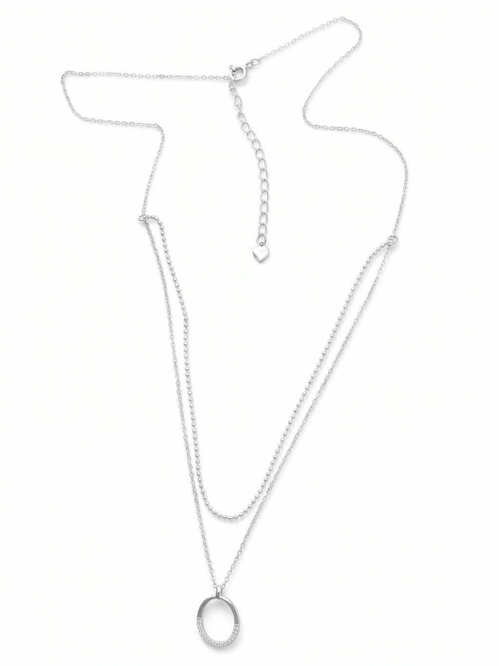 Silver Layered Shimmering Oval Pendant Necklace