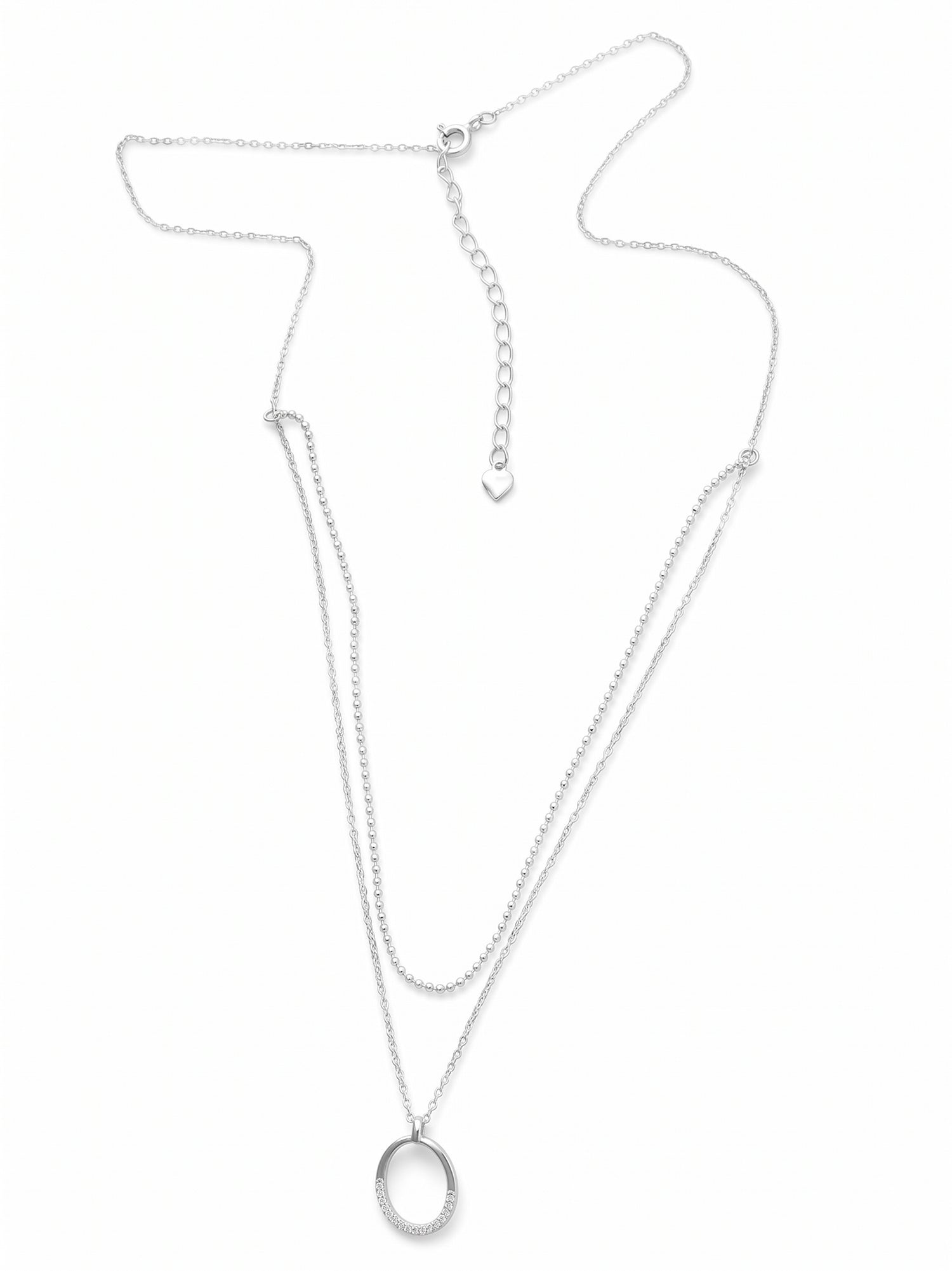 Silver Layered Shimmering Oval Pendant Necklace