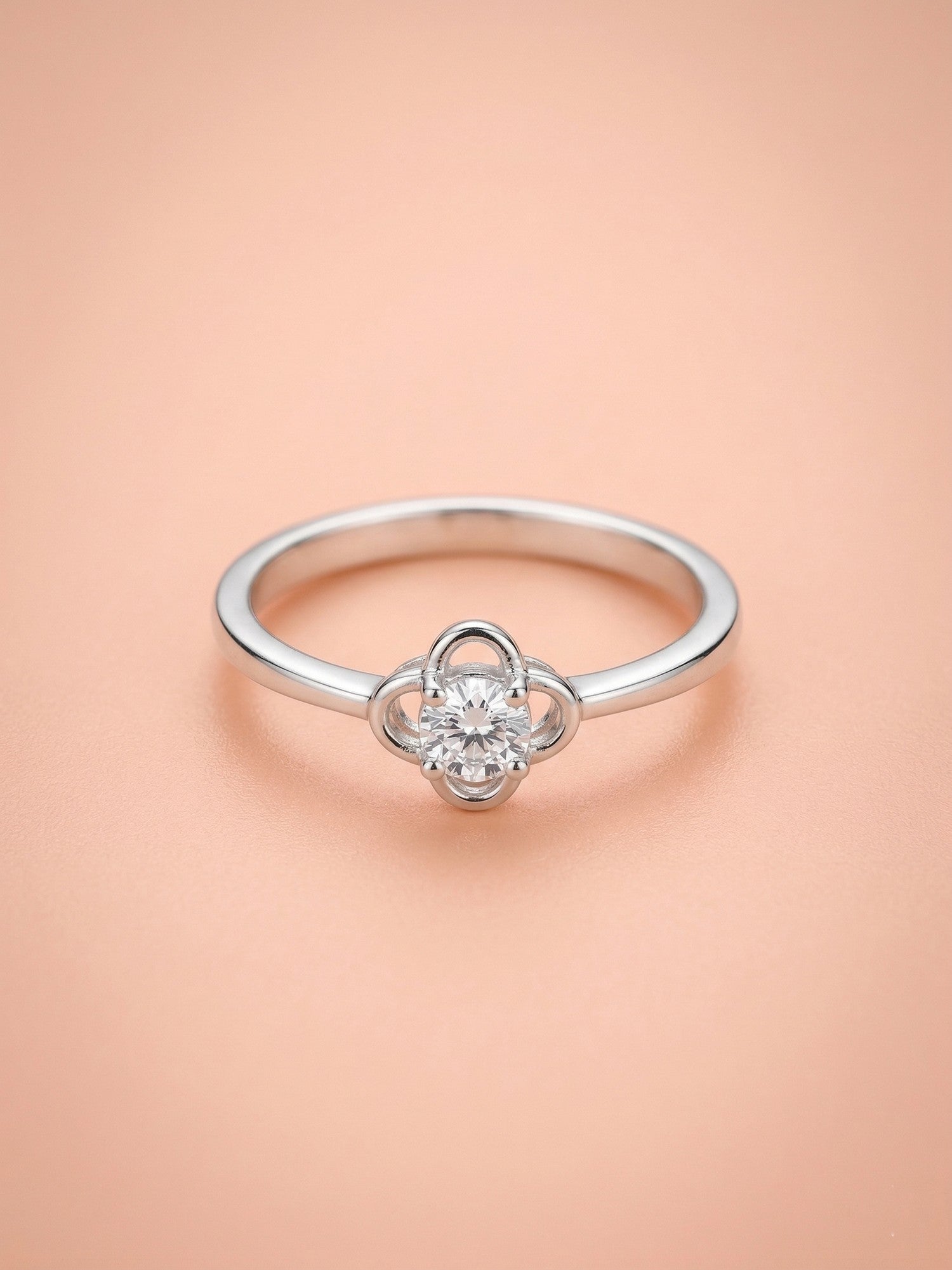Silver Petal Openwork Solitaire Ring