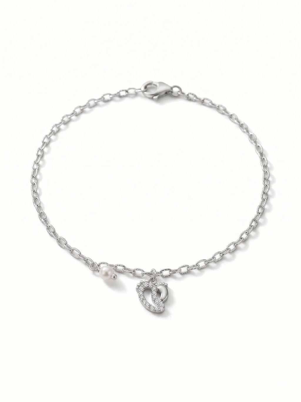 Silver Shimmering Baby Feet & Pearl Charm Bracelet
