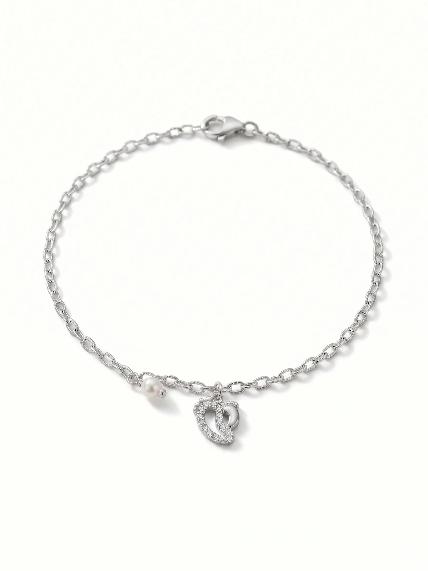 Silver Shimmering Baby Feet & Pearl Charm Bracelet