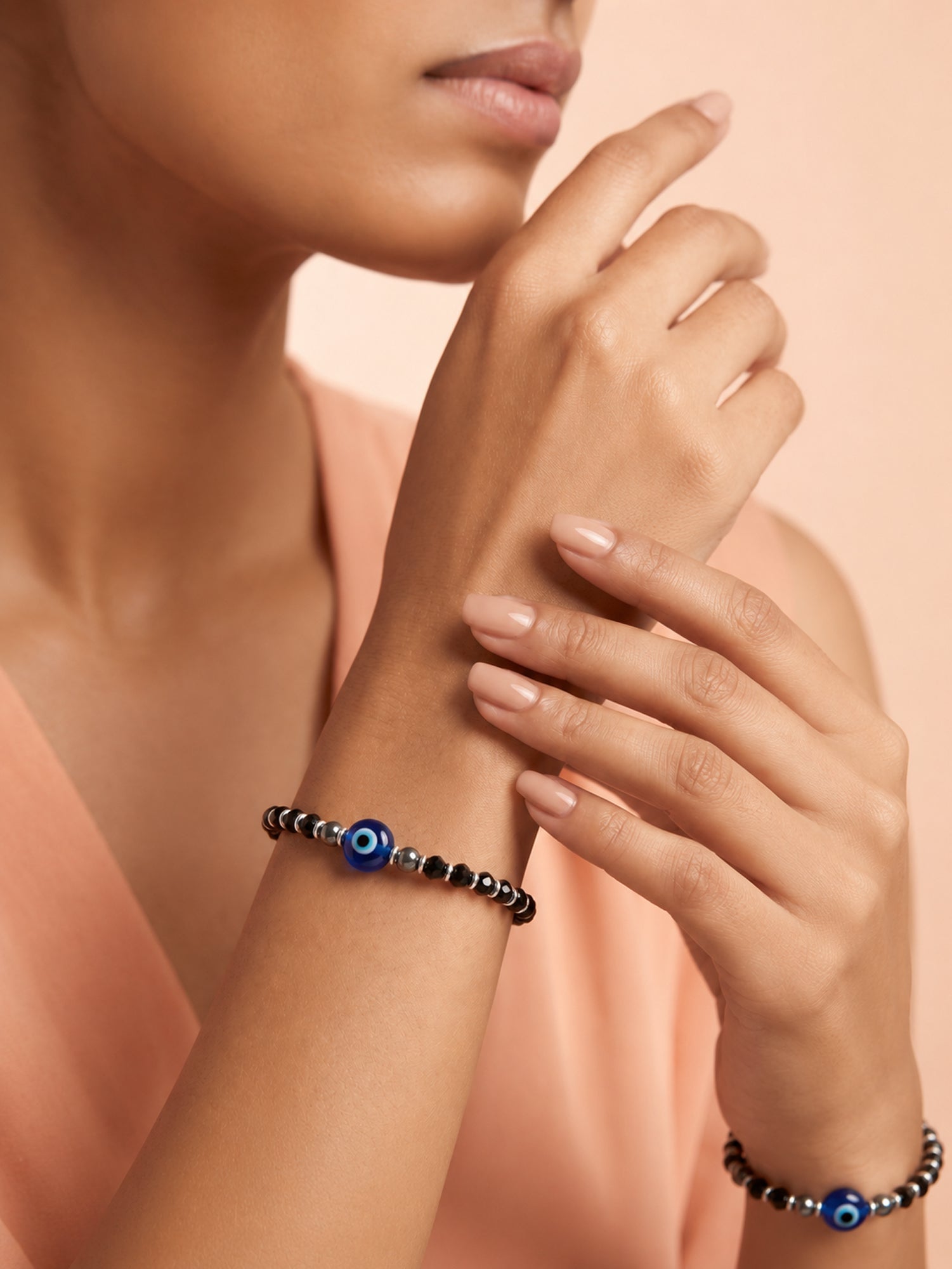 Single Evil Eye Black Crystal Bead Bracelet Set of Two