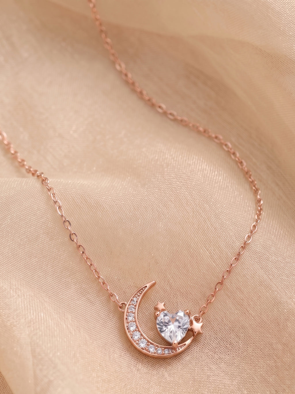 Roseate Shimmering Crescent & Heart Pendant Necklace