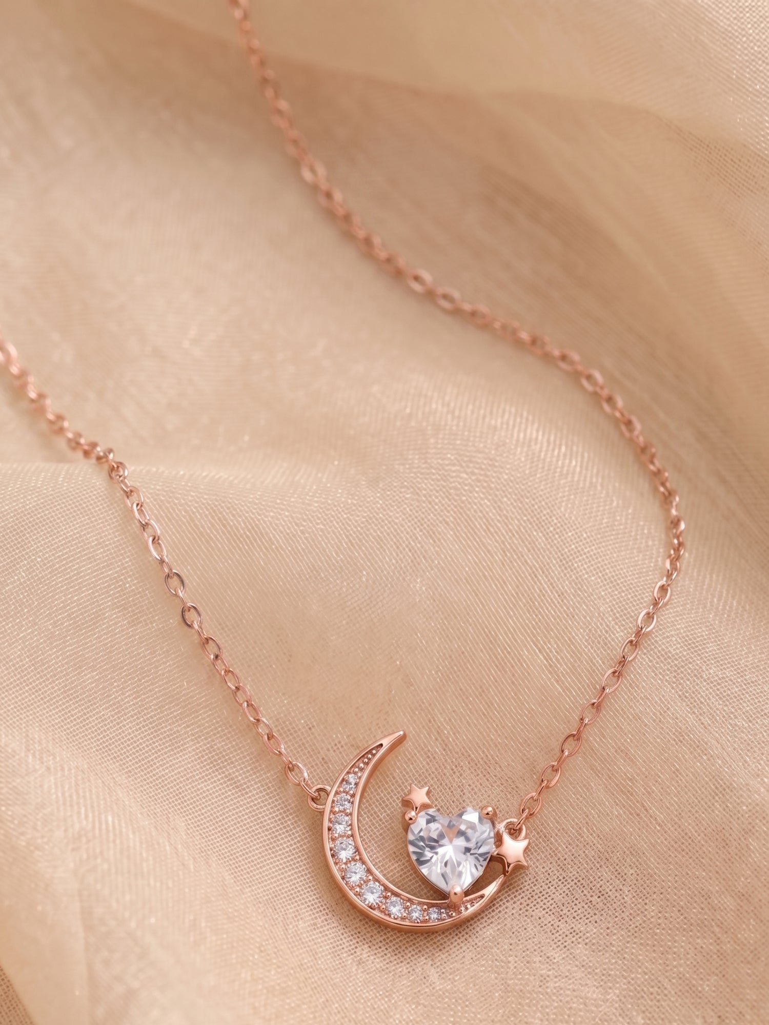 Roseate Shimmering Crescent & Heart Pendant Necklace