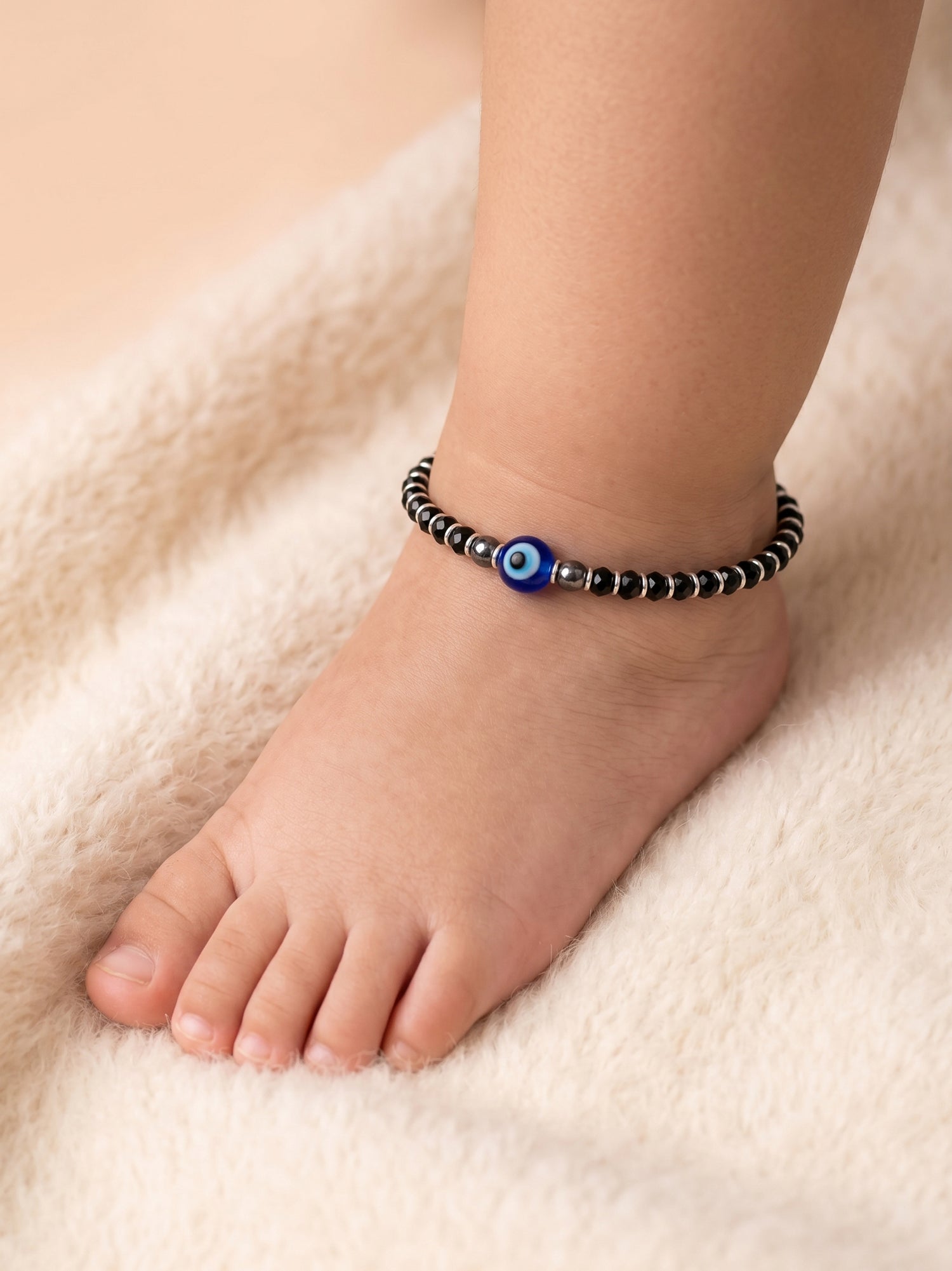 Baby Single Evil Eye Black Crystal Bead Anklet Set of Two