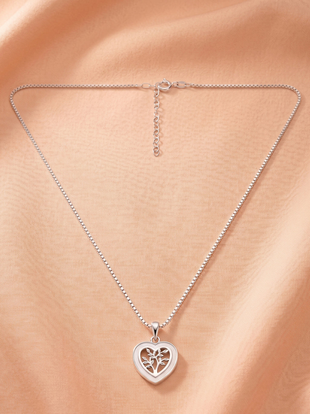 Silver Shimmering Tree of Life Heart Pendant Necklace