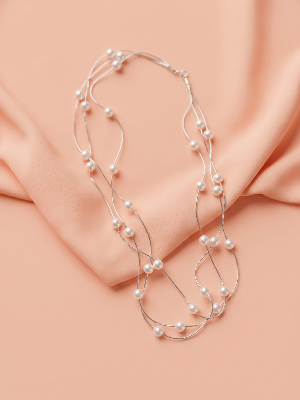 Triple Strand Floating Pearl Station Necklace