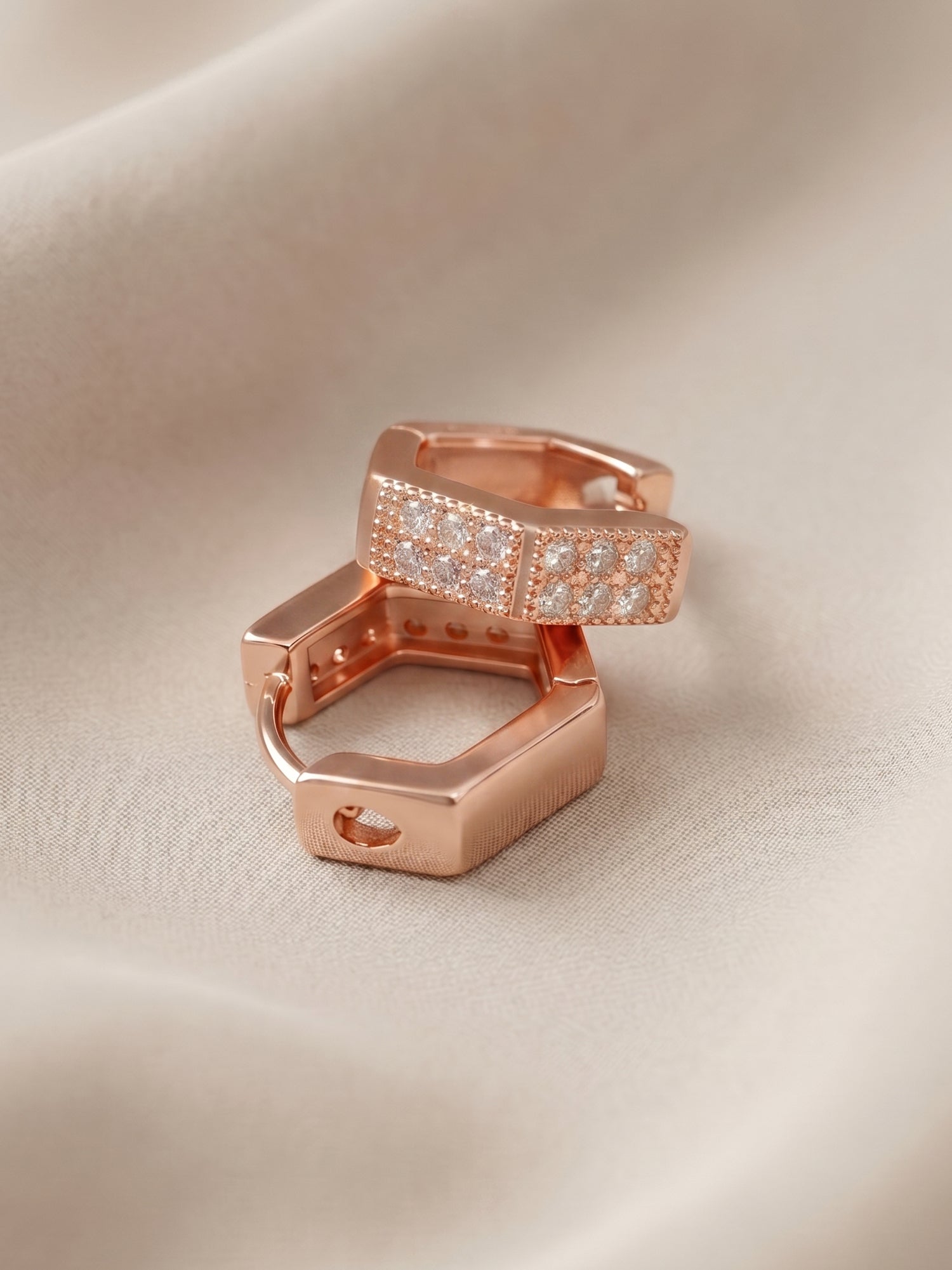 Hexagonal Pavé Cubic Zirconia Rose Gold Huggie Earrings