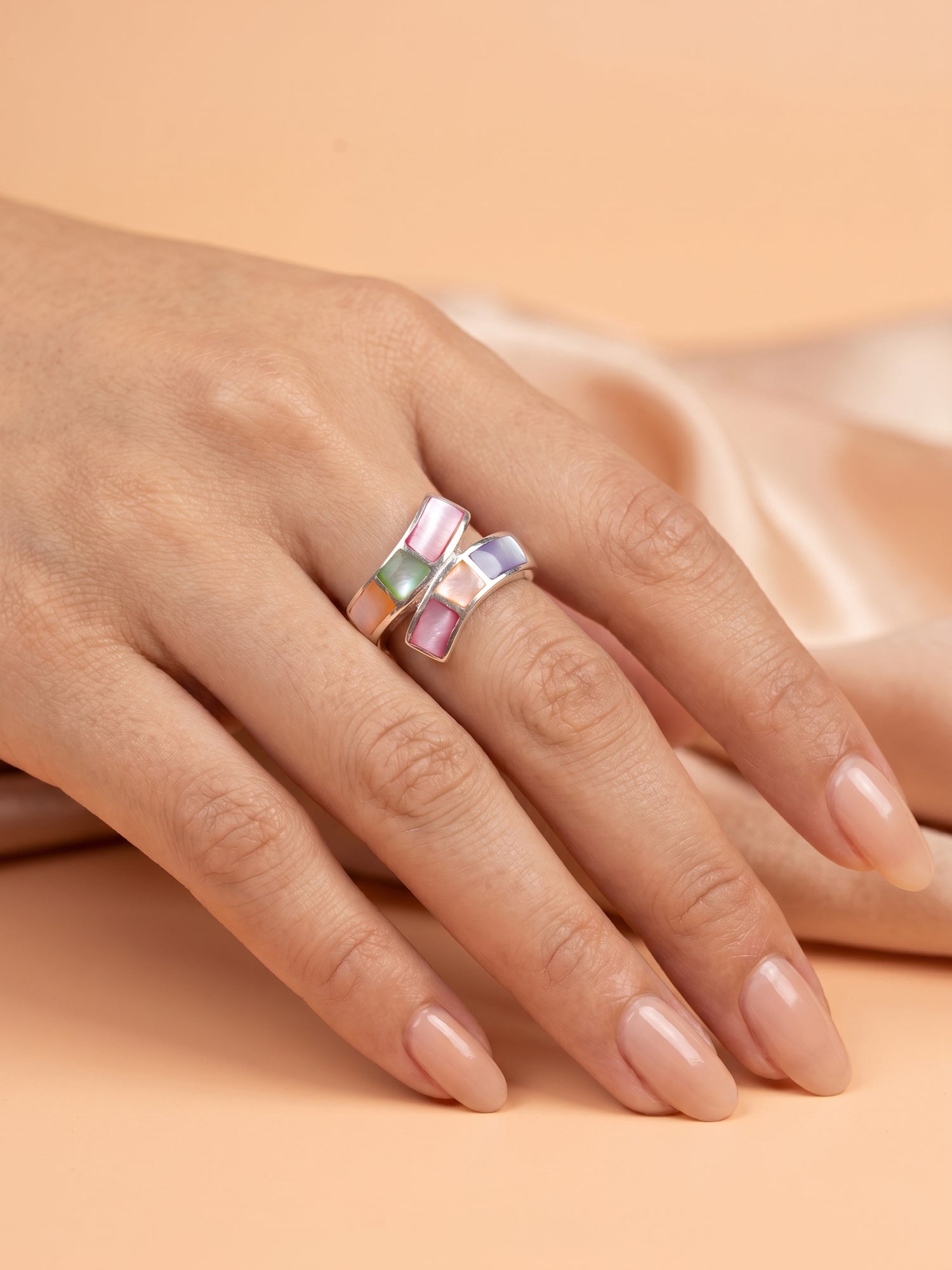 Multicolour Mother of Pearl Tile Crossover Ring