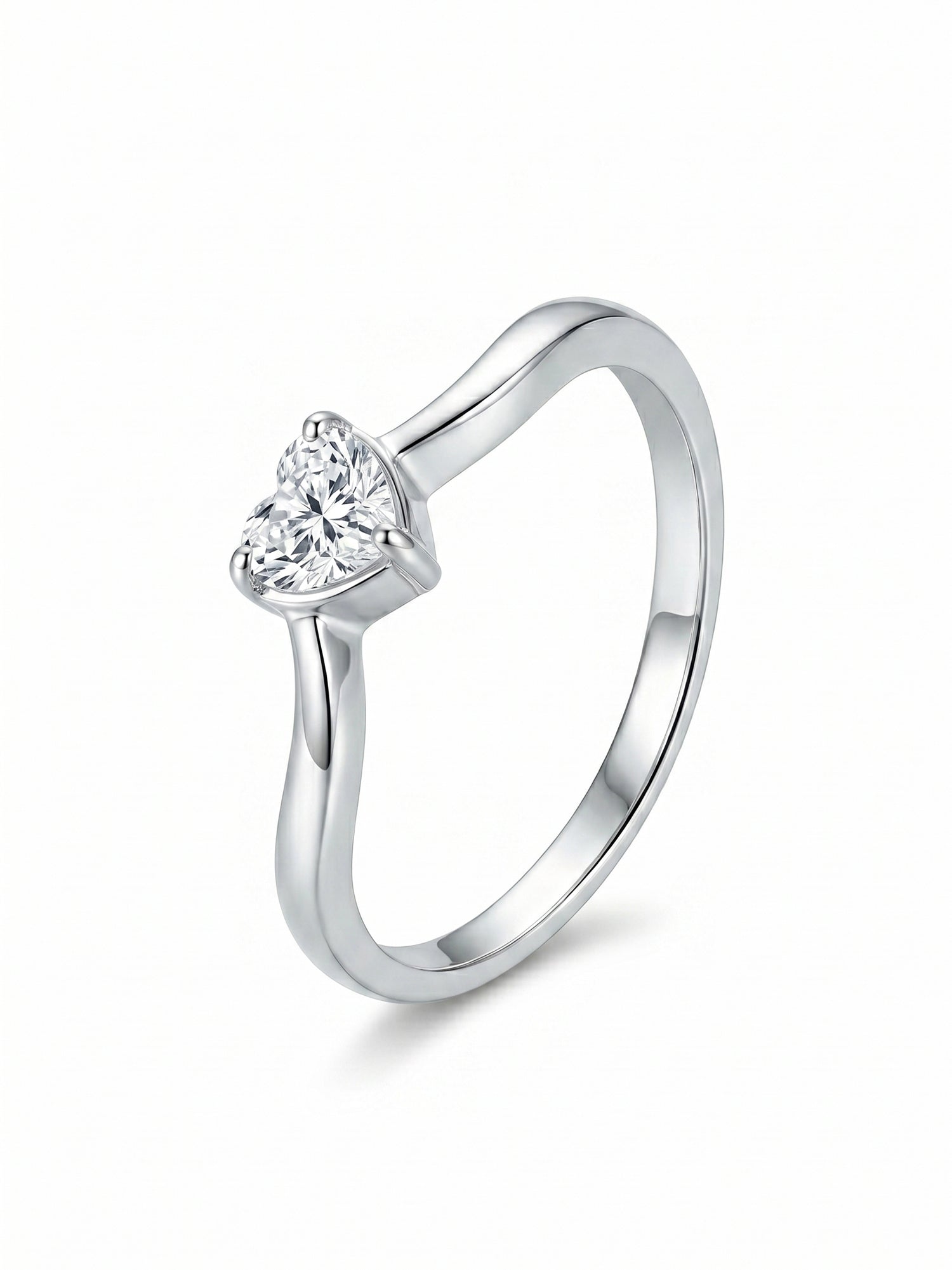Silver Wave Heart Solitaire Ring