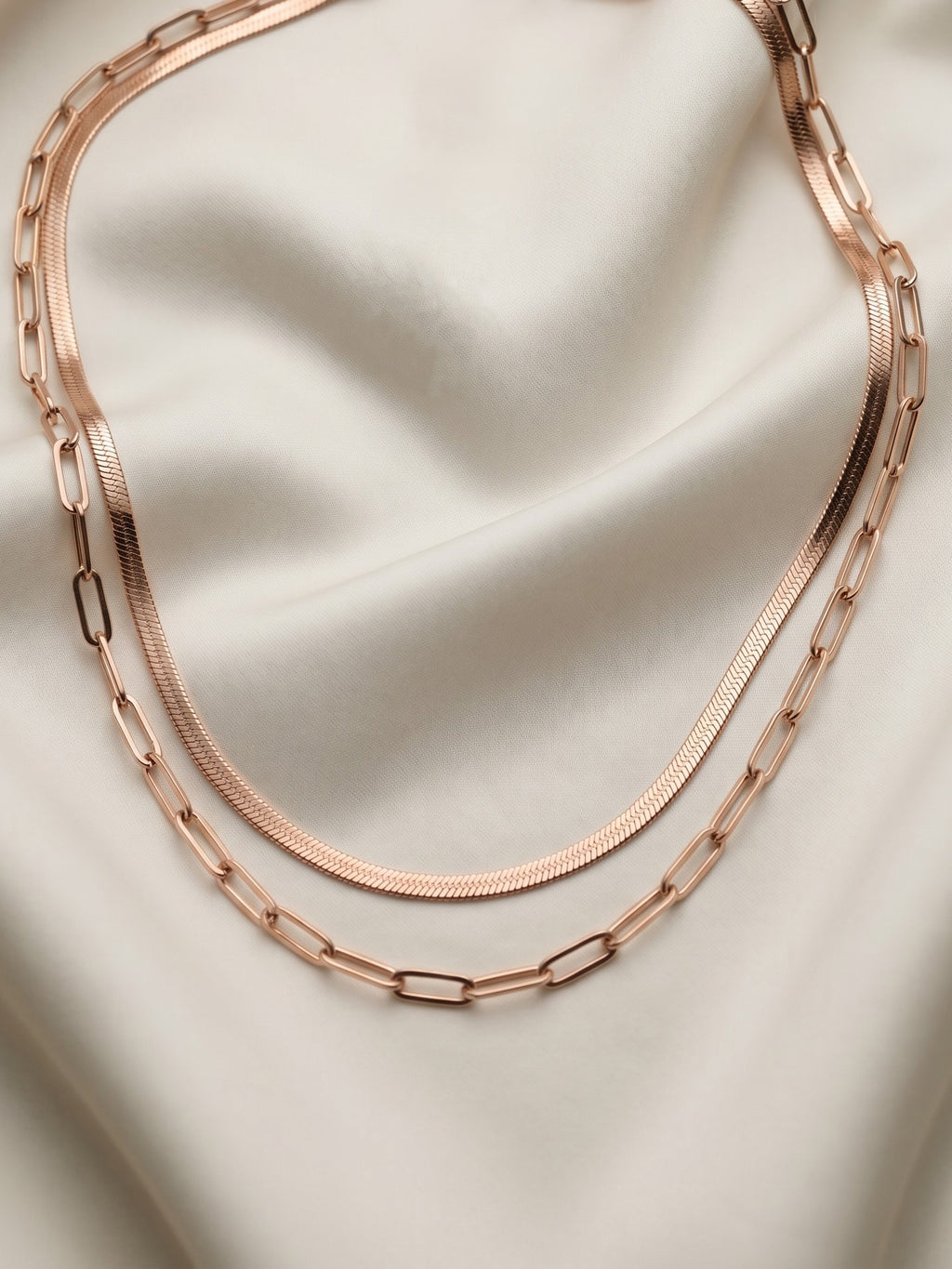 Herringbone & Paperclip Double Layer Chain Necklace in Rose Gold