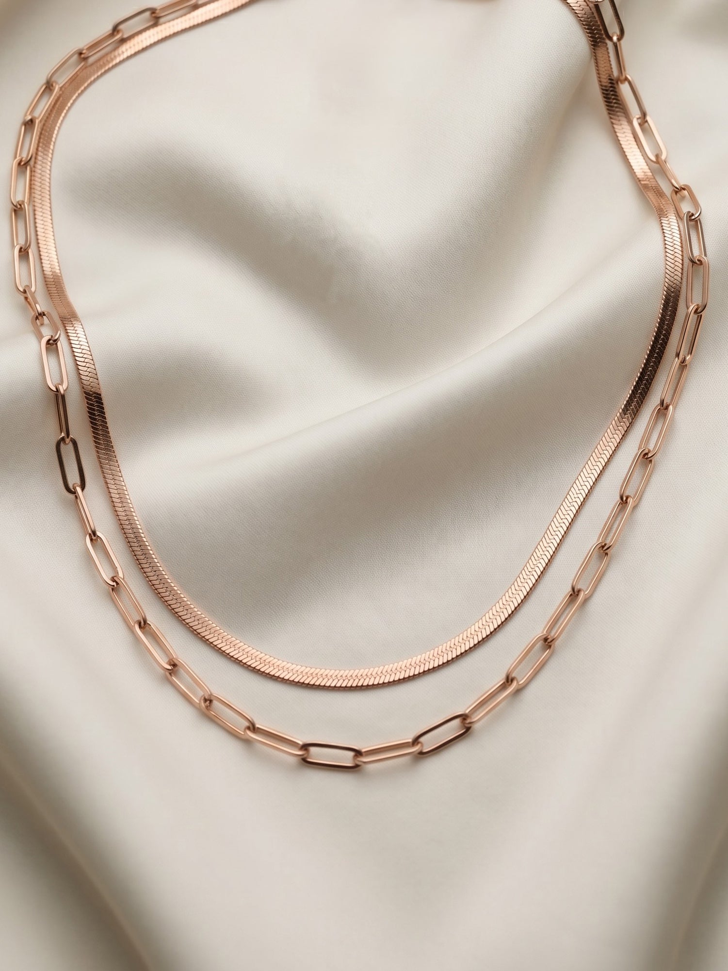Herringbone & Paperclip Double Layer Chain Necklace in Rose Gold