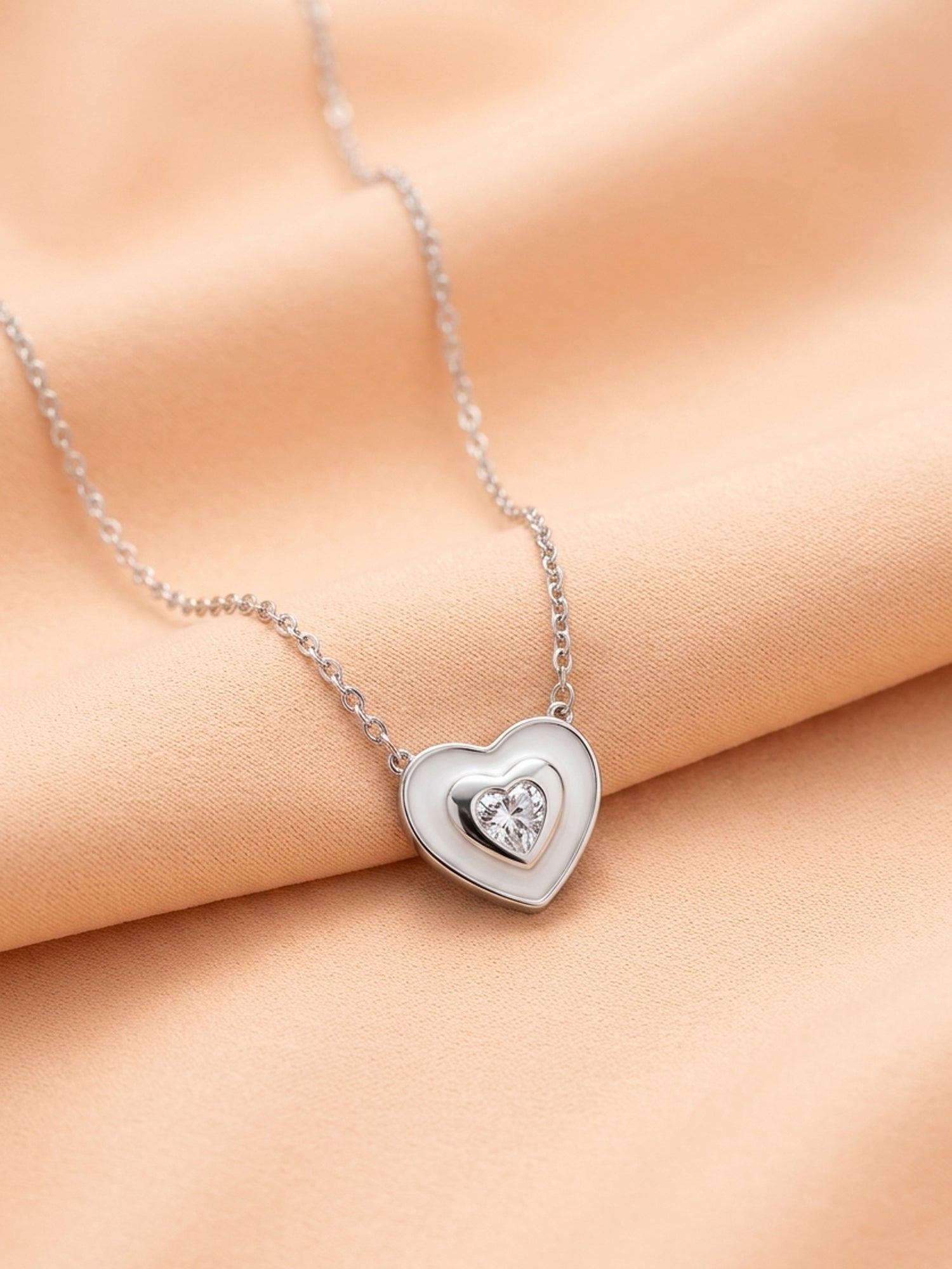 Silver Shimmering Nested Heart Pendant Necklace