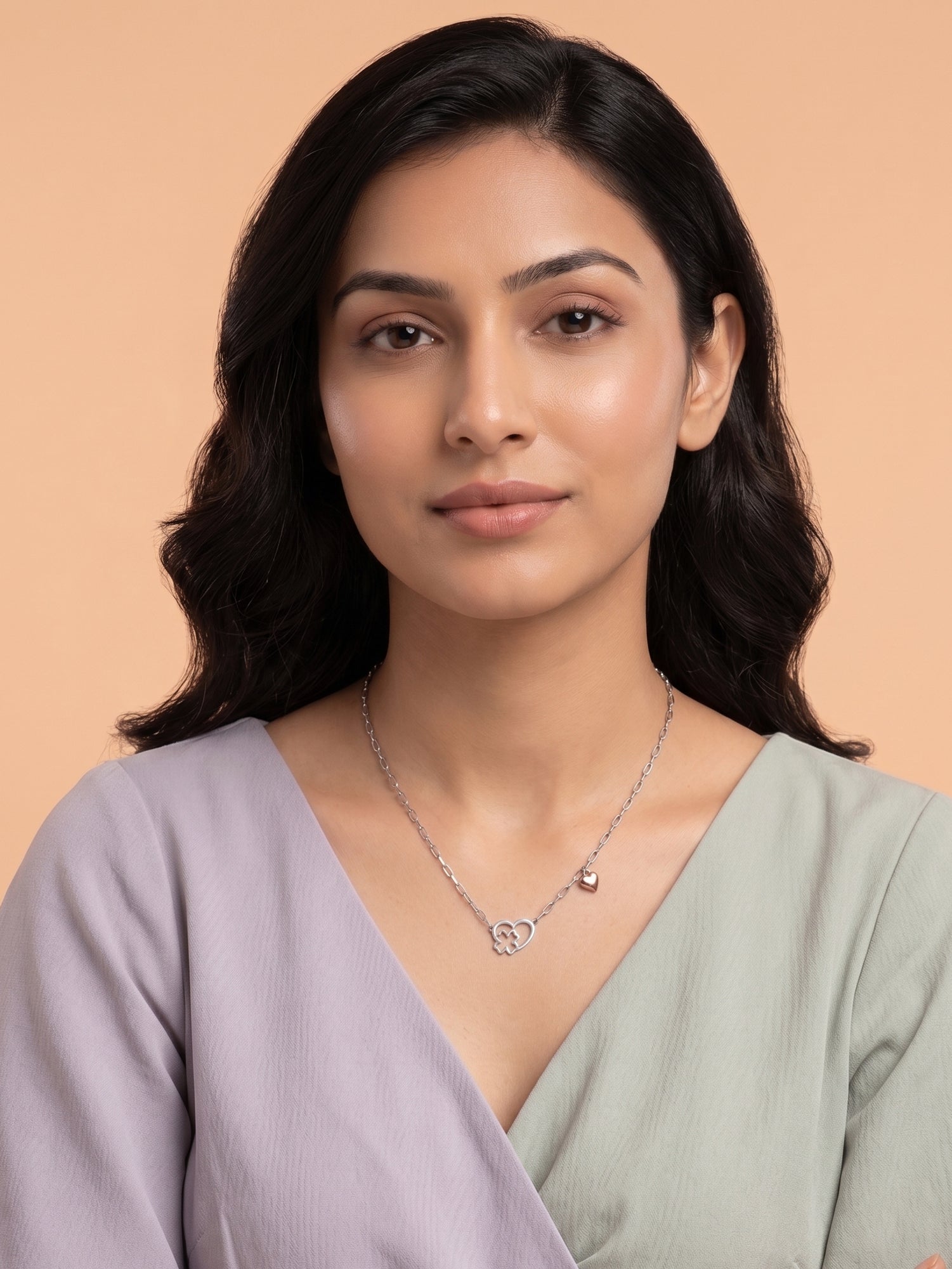 Silver & Rose Gold Heart Clover Paperclip Necklace