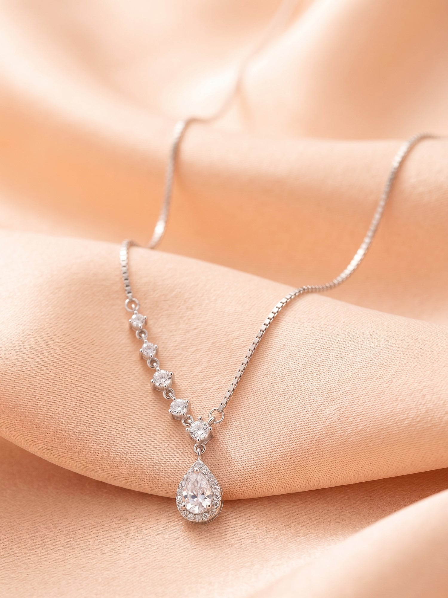 Pear-Cut CZ Halo Drop Necklace