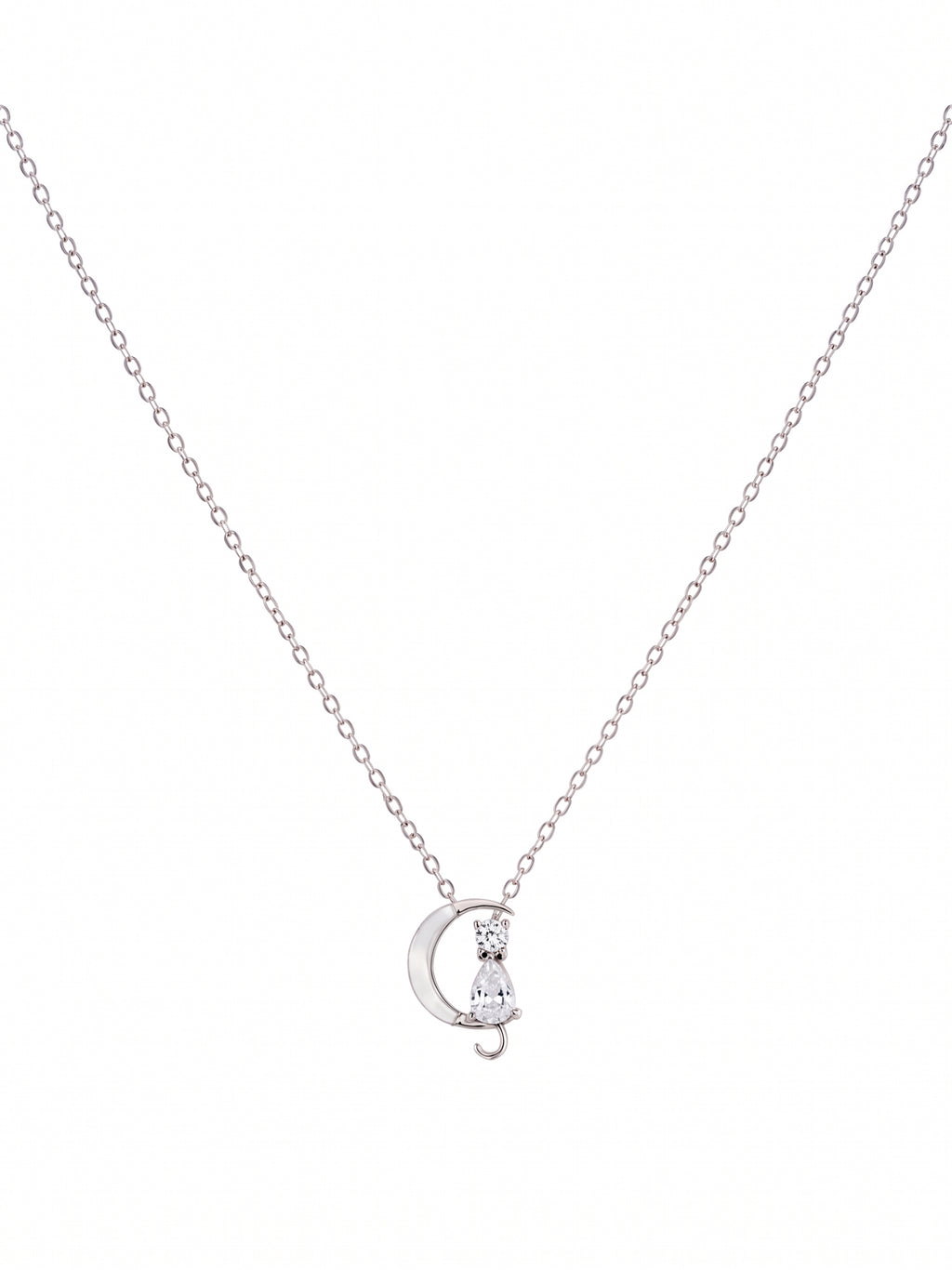 Silver Celestial Cat & Crescent Moon Pendant Necklace