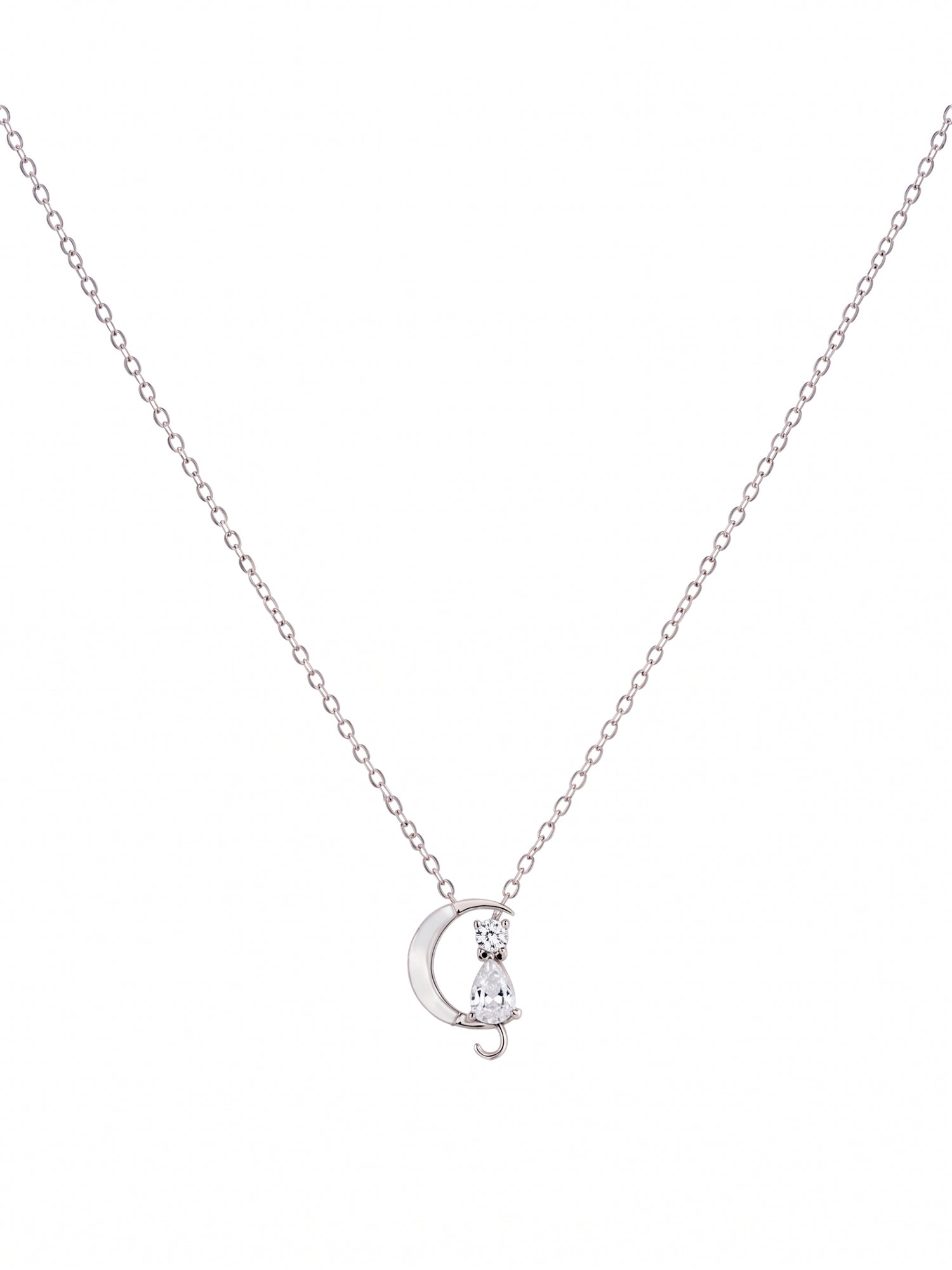 Silver Celestial Cat & Crescent Moon Pendant Necklace