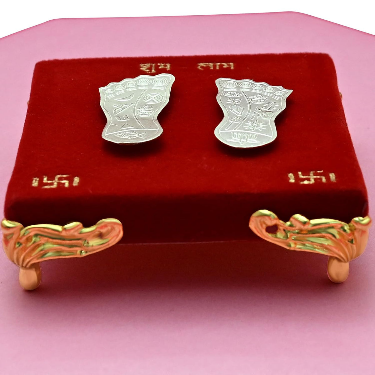 925 Pure Silver Sacred Goddess Lakshmi Feet (Lakshmi Padam Set) with Shubh Labh Stand