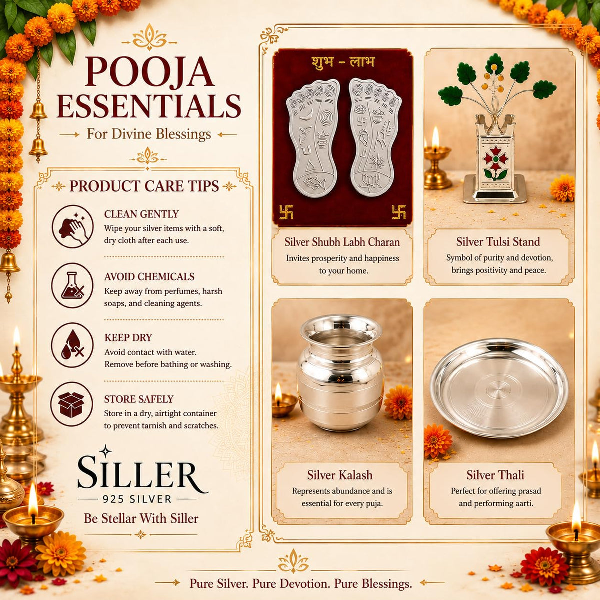 925 Pure Silver Sacred Goddess Lakshmi Feet (Lakshmi Padam Set) with Shubh Labh Stand