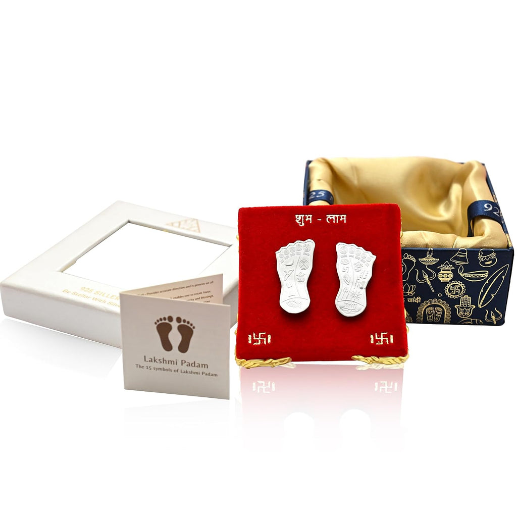 925 Pure Silver Sacred Goddess Lakshmi Feet (Lakshmi Padam Set) with Shubh Labh Stand