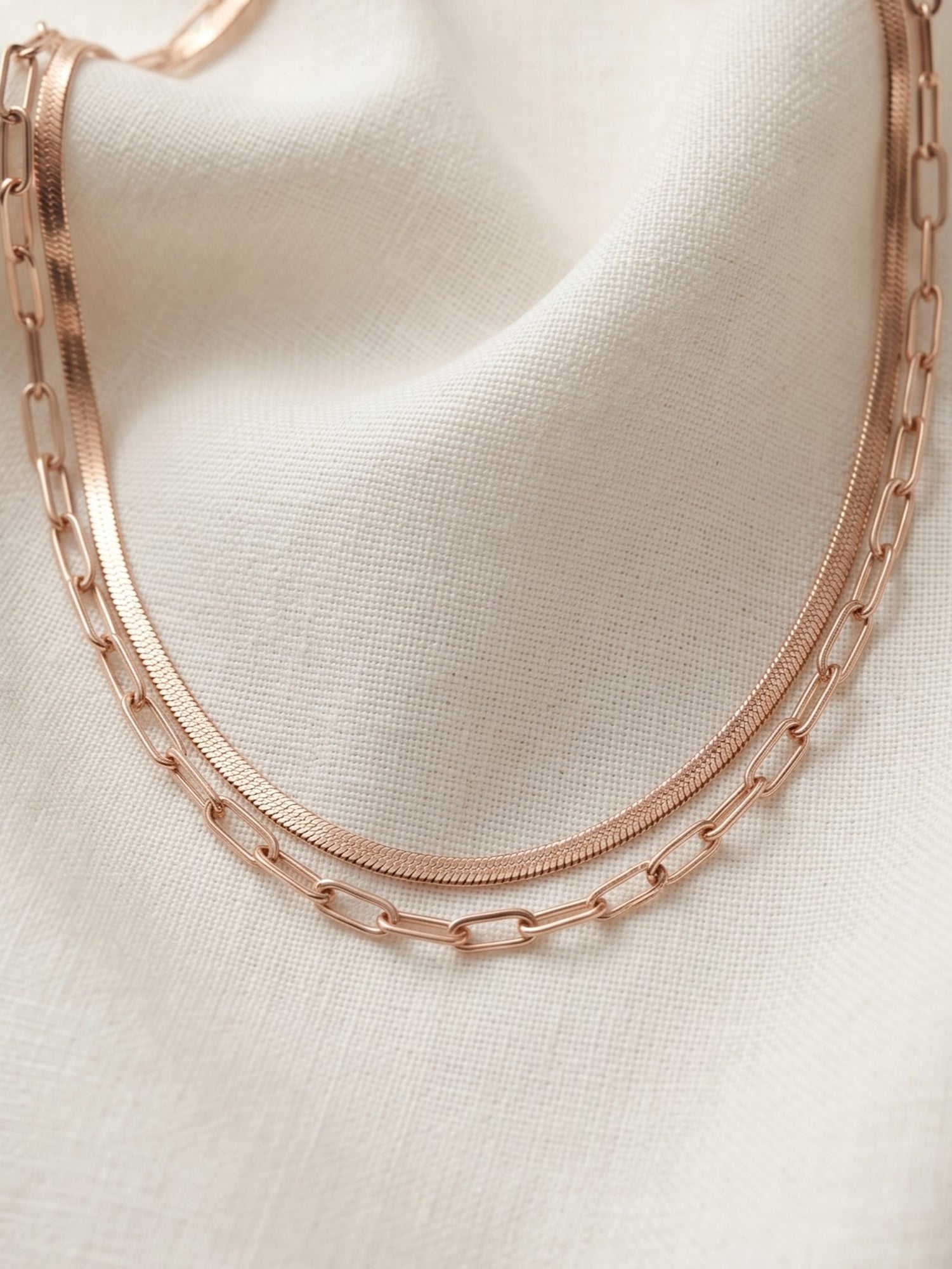 Herringbone & Paperclip Double Layer Chain Necklace in Rose Gold