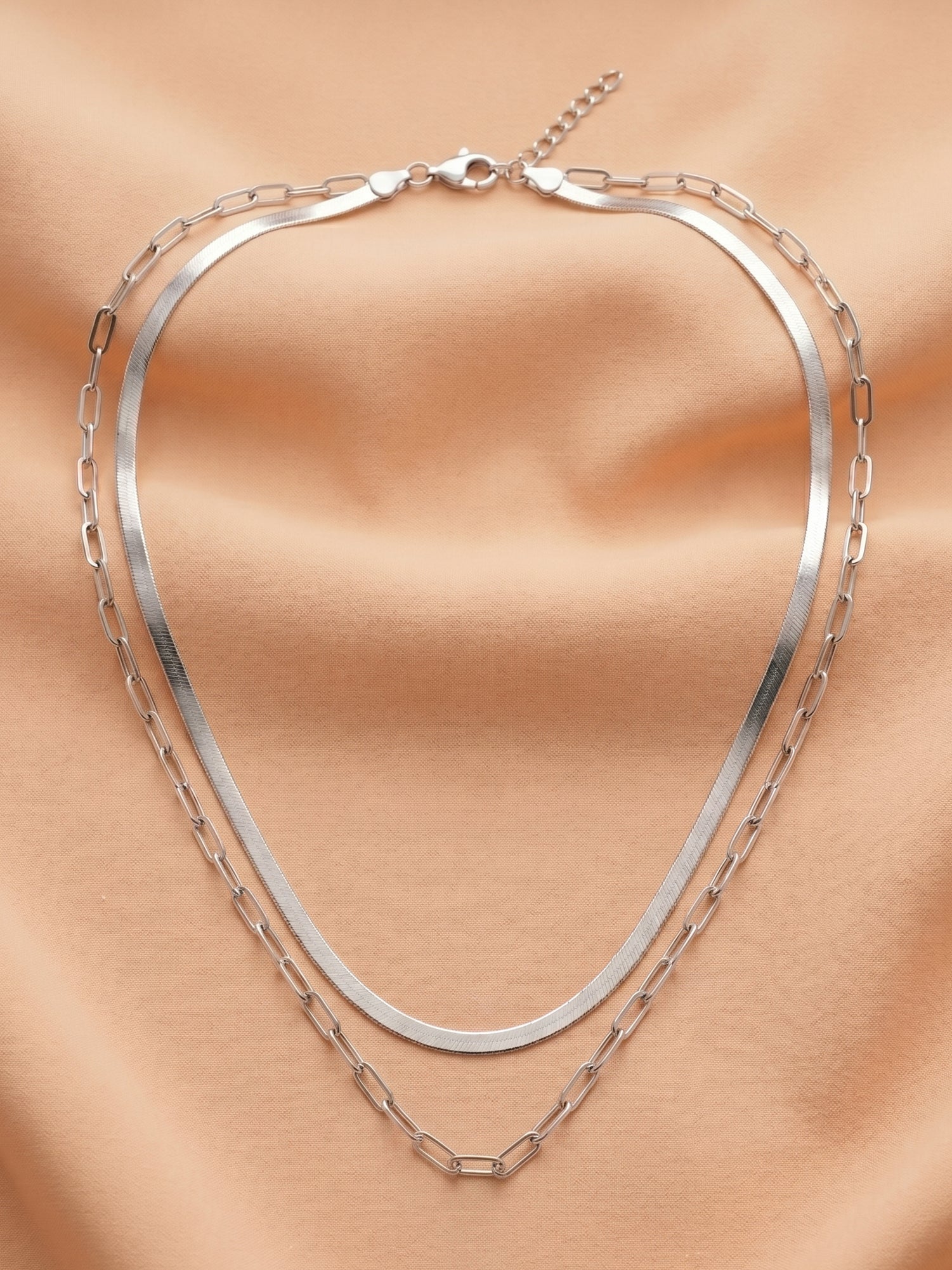 Herringbone & Paperclip Double Layer Chain Necklace in Silver