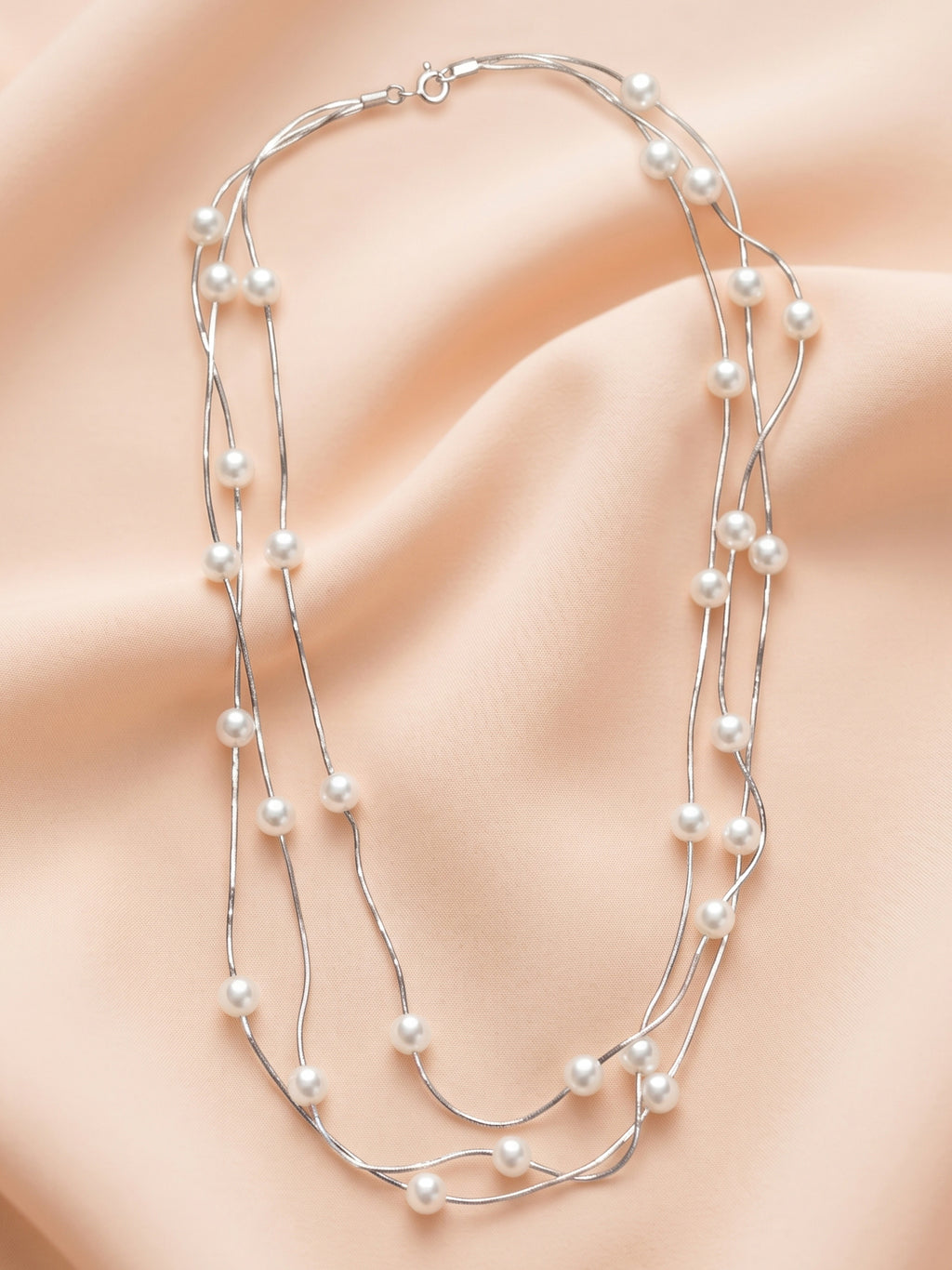 Triple Strand Floating Pearl Station Necklace