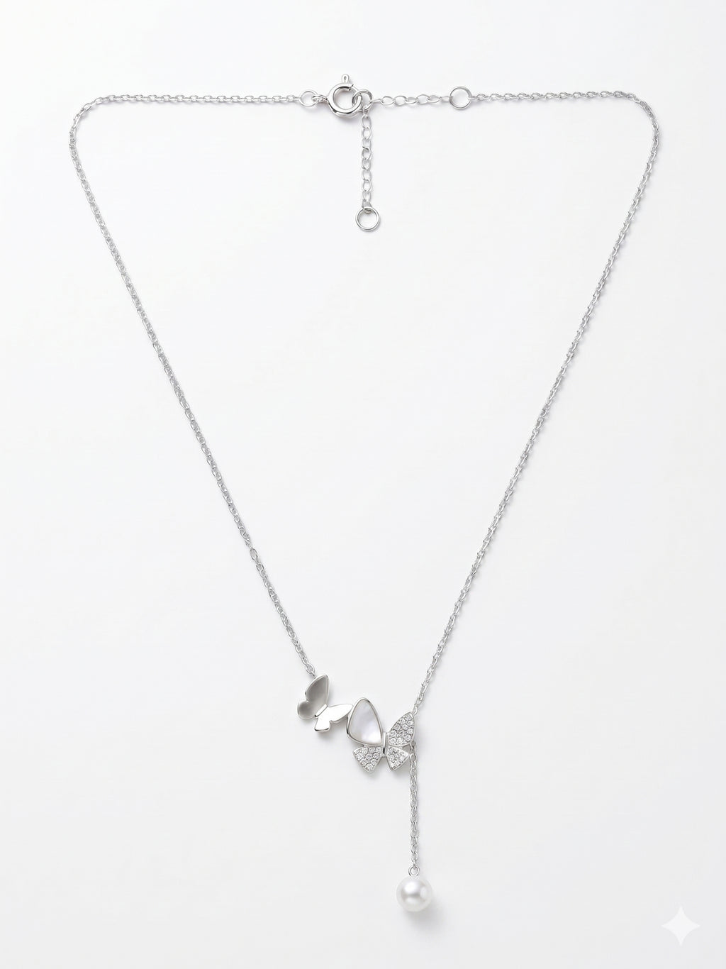 Silver Shimmering Butterfly & Pearl Lariat Necklace