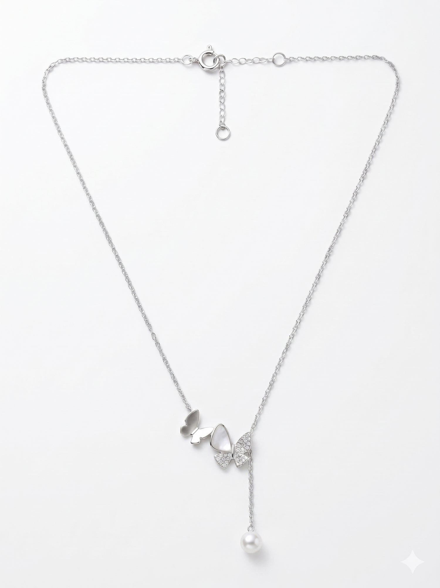 Silver Shimmering Butterfly & Pearl Lariat Necklace
