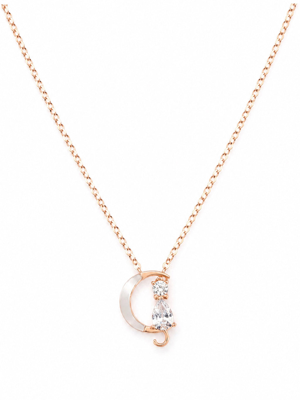 Roseate Celestial Cat & Crescent Moon Pendant Necklace