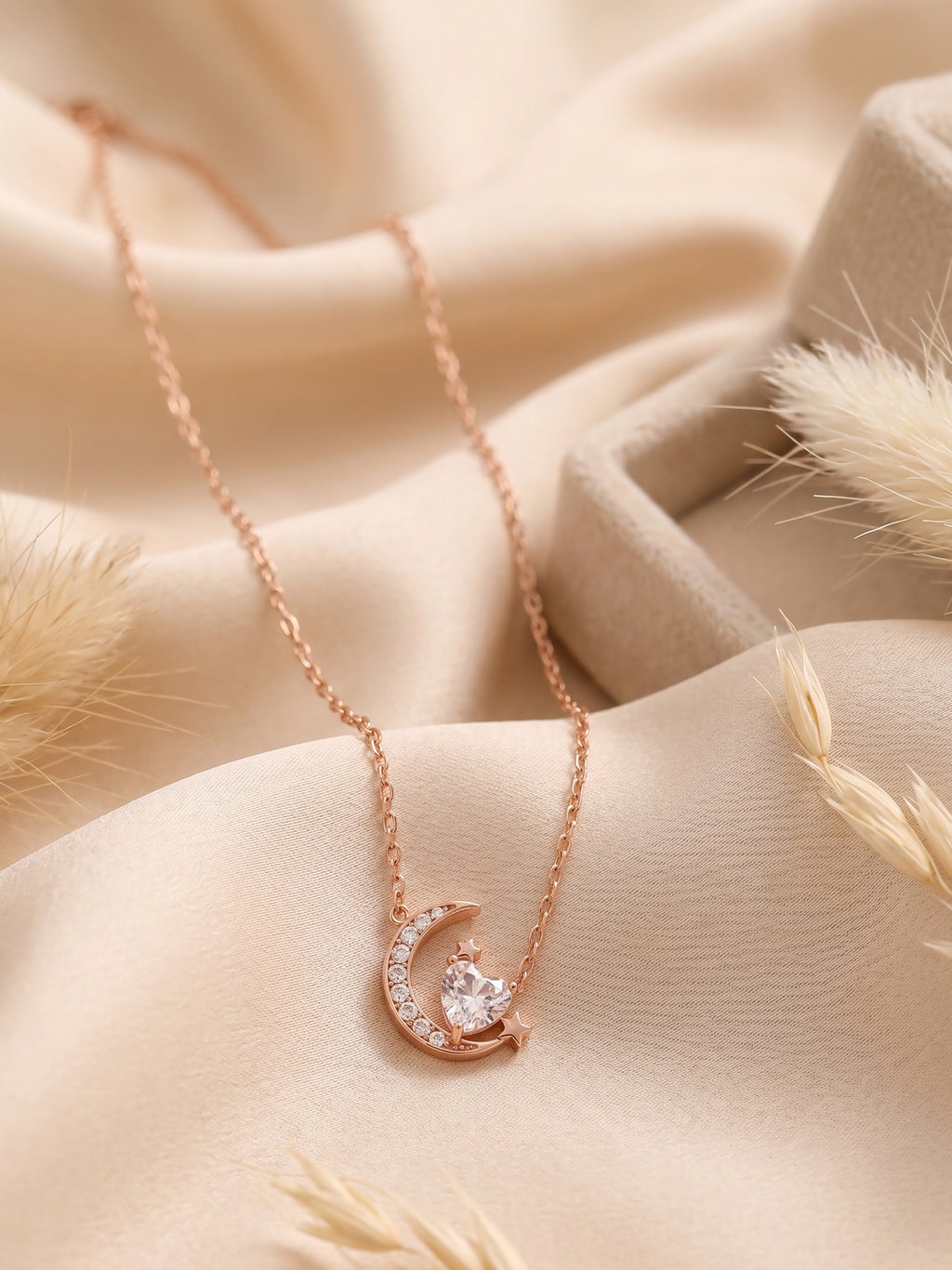 Roseate Shimmering Crescent & Heart Pendant Necklace