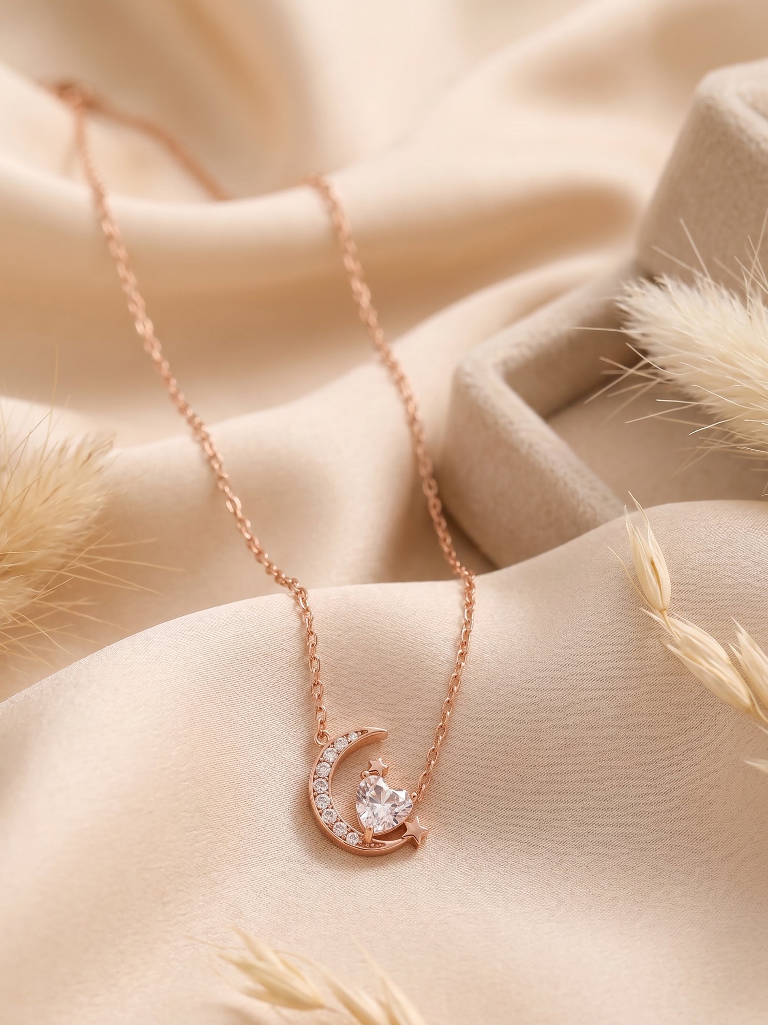 Roseate Shimmering Crescent & Heart Pendant Necklace