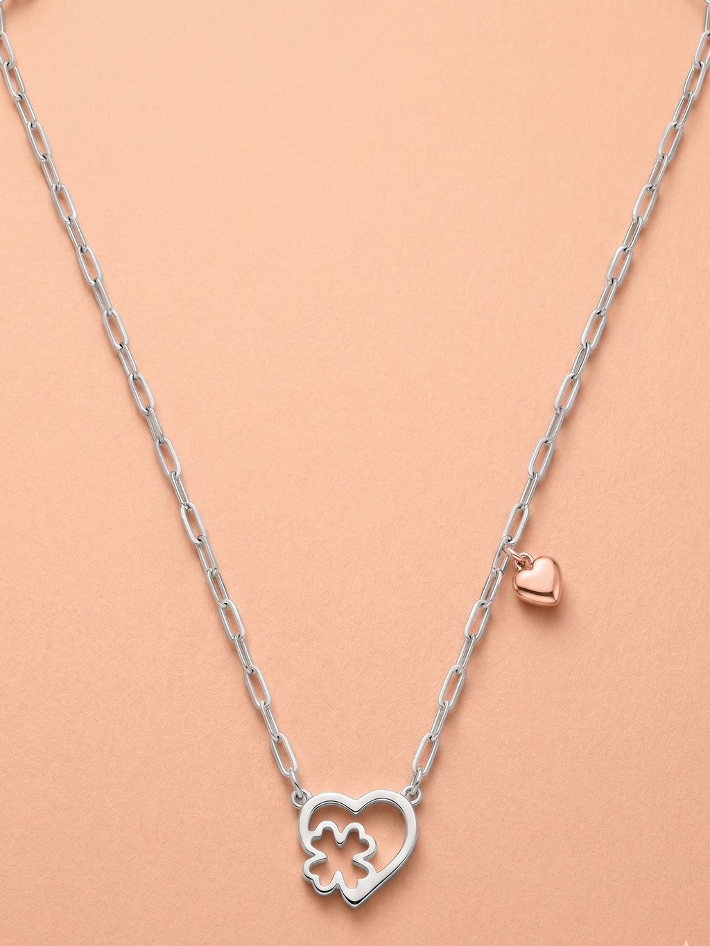 Silver & Rose Gold Heart Clover Paperclip Necklace
