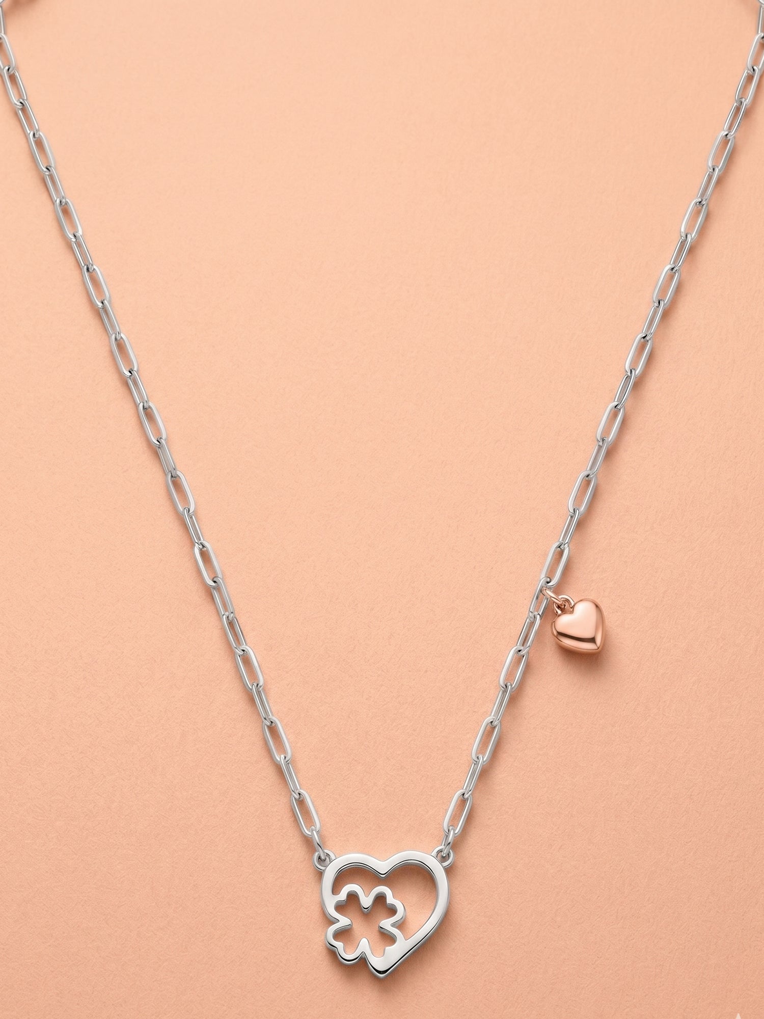Silver & Rose Gold Heart Clover Paperclip Necklace