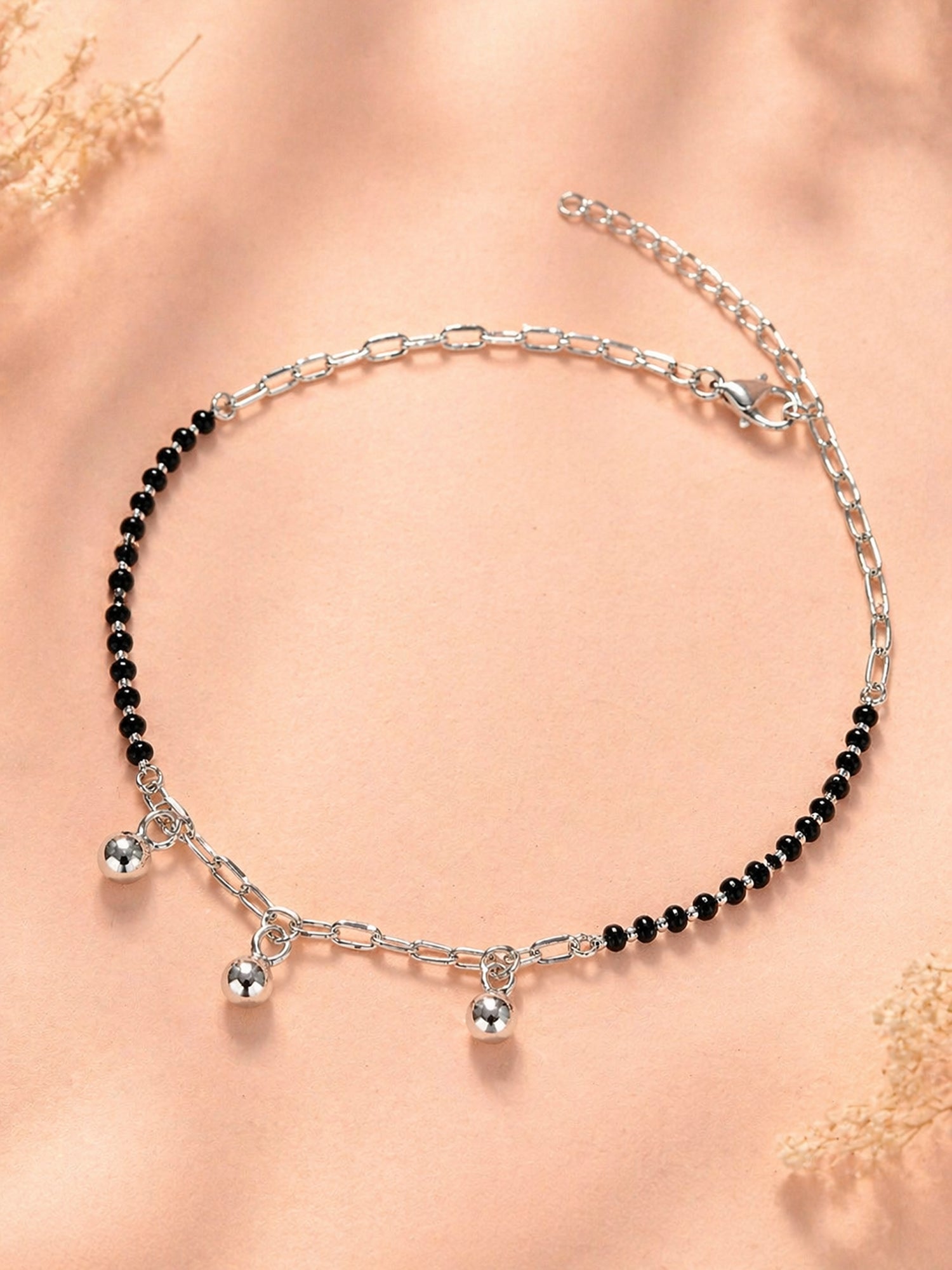 Noir Onyx & Polished Orb Paperclip Anklet