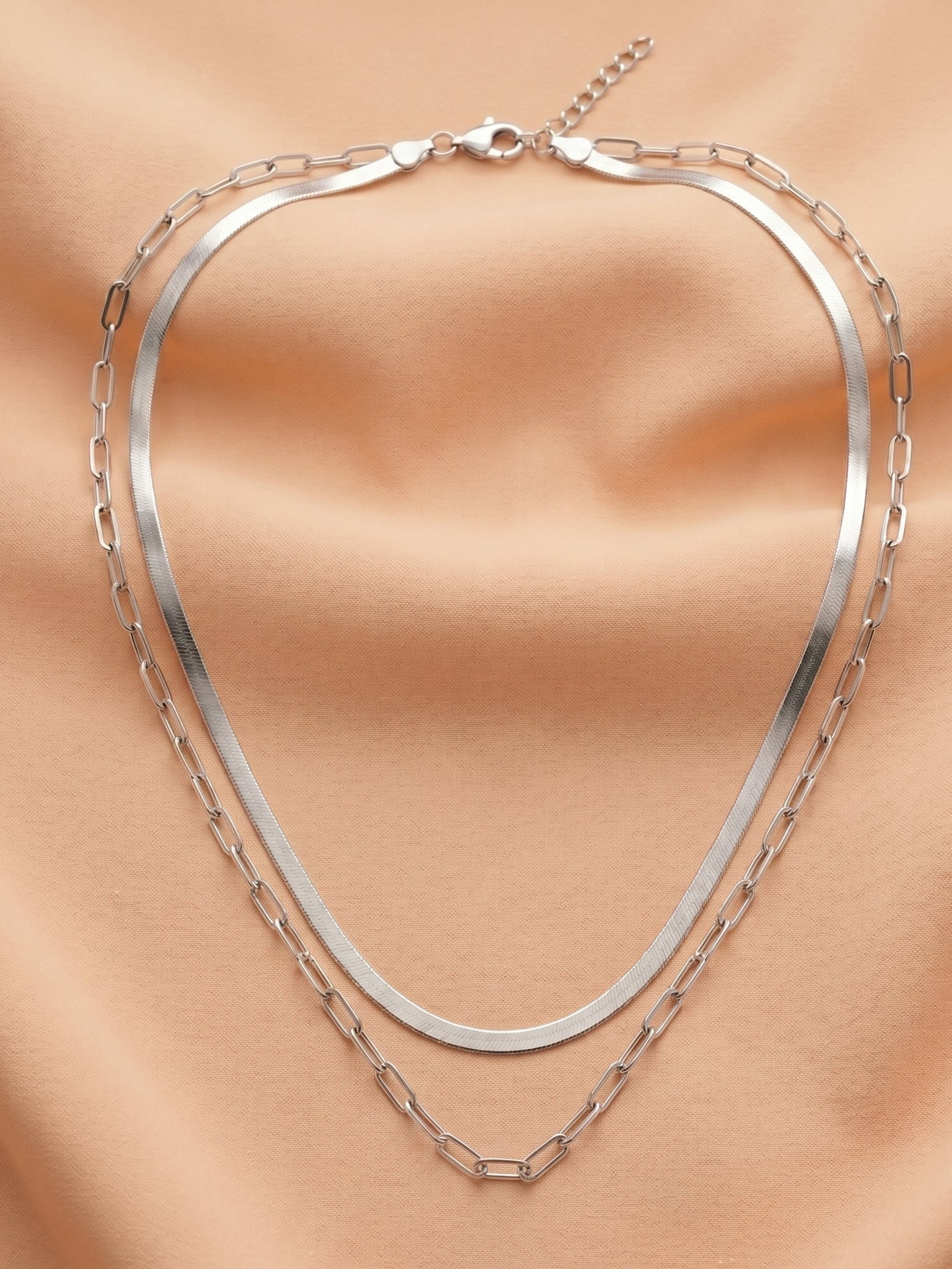Herringbone & Paperclip Double Layer Chain Necklace in Silver