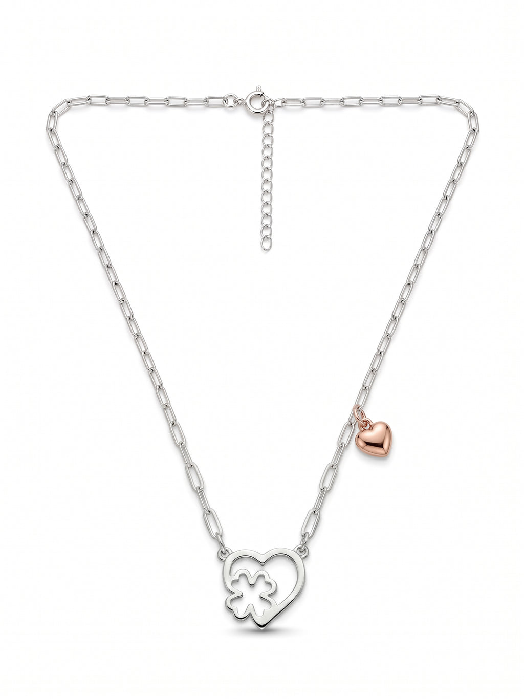 Silver & Rose Gold Heart Clover Paperclip Necklace