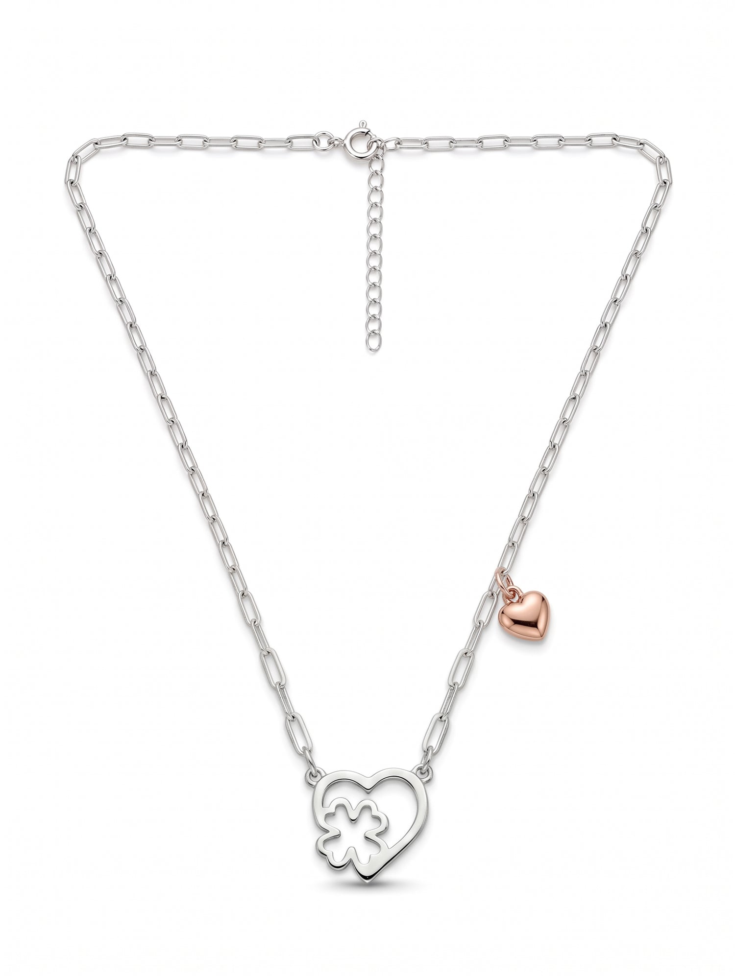 Silver & Rose Gold Heart Clover Paperclip Necklace