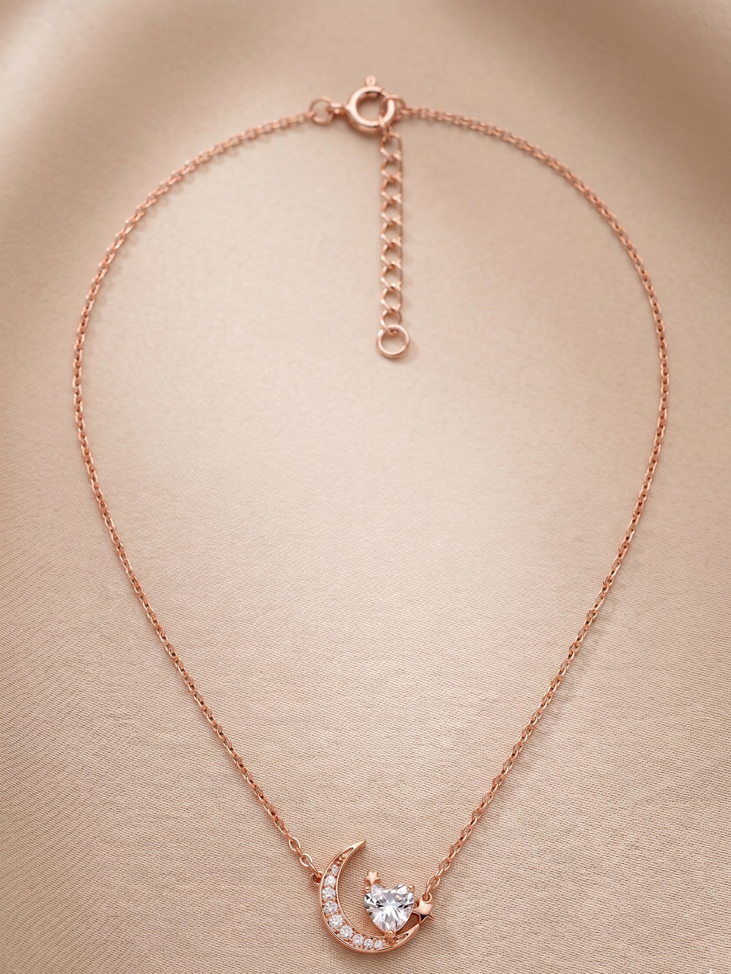Roseate Shimmering Crescent & Heart Pendant Necklace