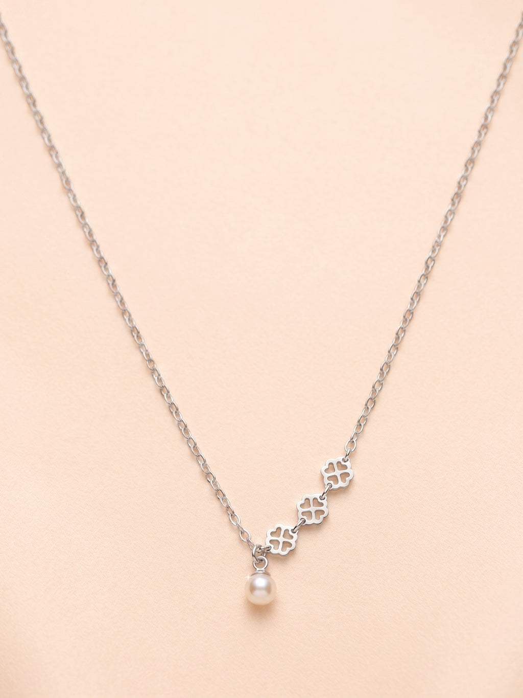Silver Clover Trio & Pearl Drop Necklace