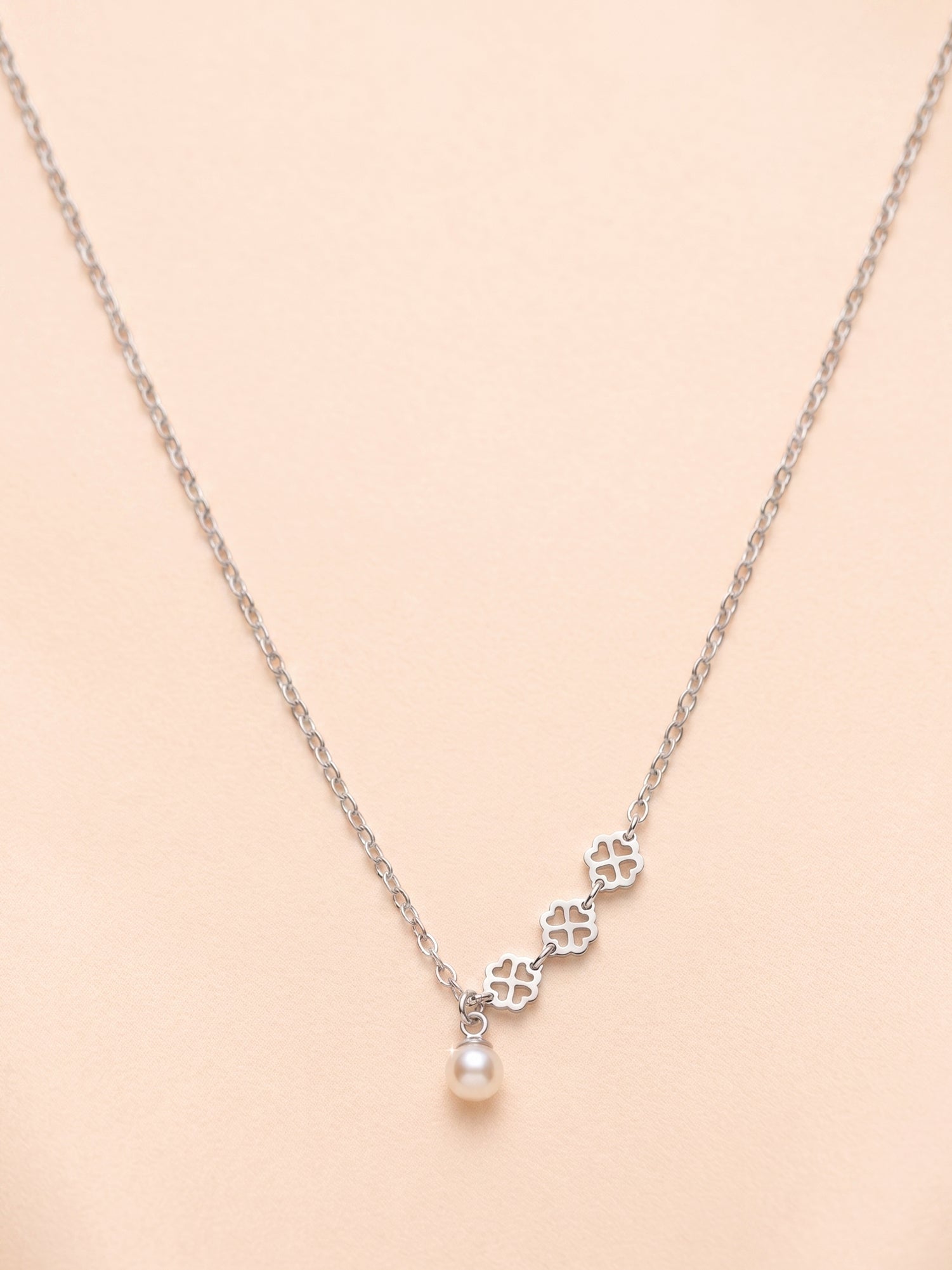 Silver Clover Trio & Pearl Drop Necklace
