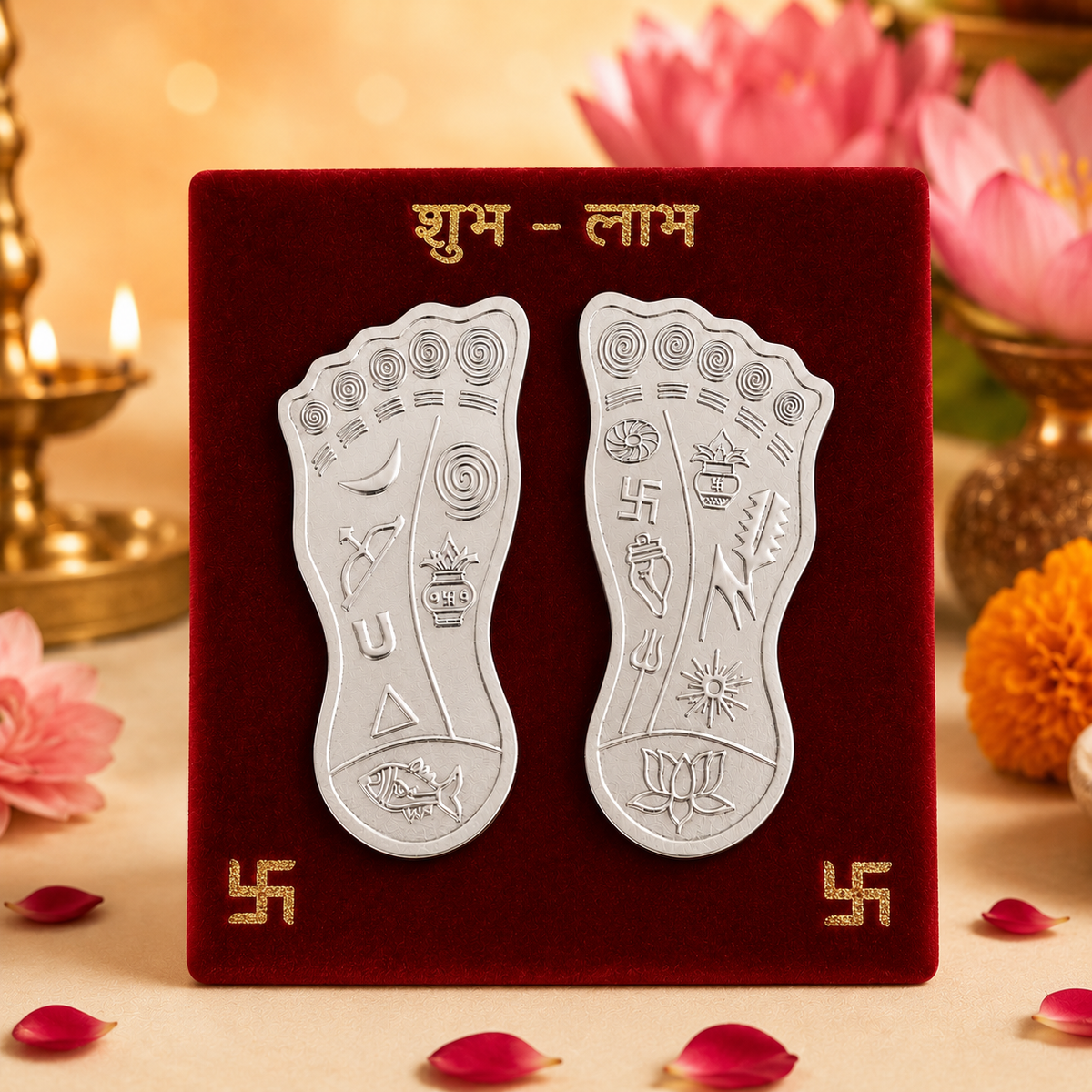 925 Pure Silver Sacred Goddess Lakshmi Feet (Lakshmi Padam Set) with Shubh Labh Stand