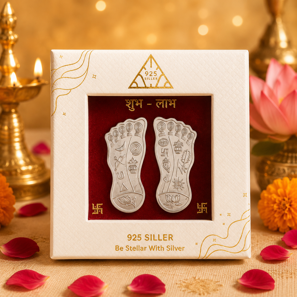 925 Pure Silver Sacred Goddess Lakshmi Feet (Lakshmi Padam Set) with Shubh Labh Stand