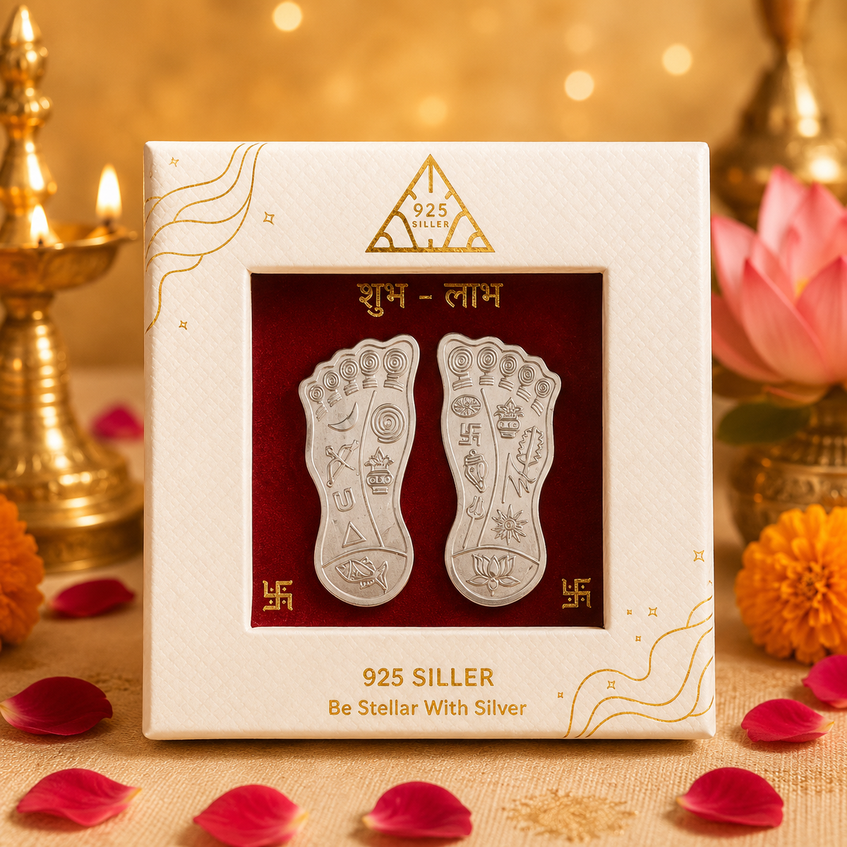 925 Pure Silver Sacred Goddess Lakshmi Feet (Lakshmi Padam Set) with Shubh Labh Stand